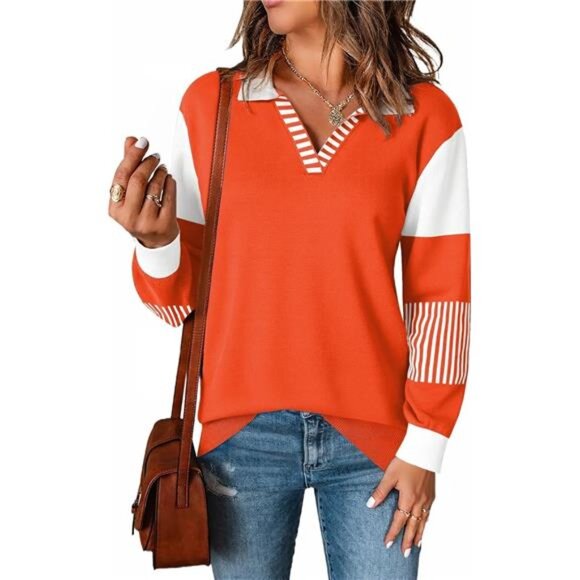 Womens V Neck Sweater Long Sleeve Color Block Striped Knitted Pullover Top - Picture 1 of 6